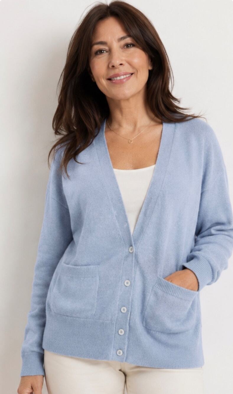Brazeau Tricot Blue Sweater Cardigan Button 100% Cashmere V-Neck Pocket Large
